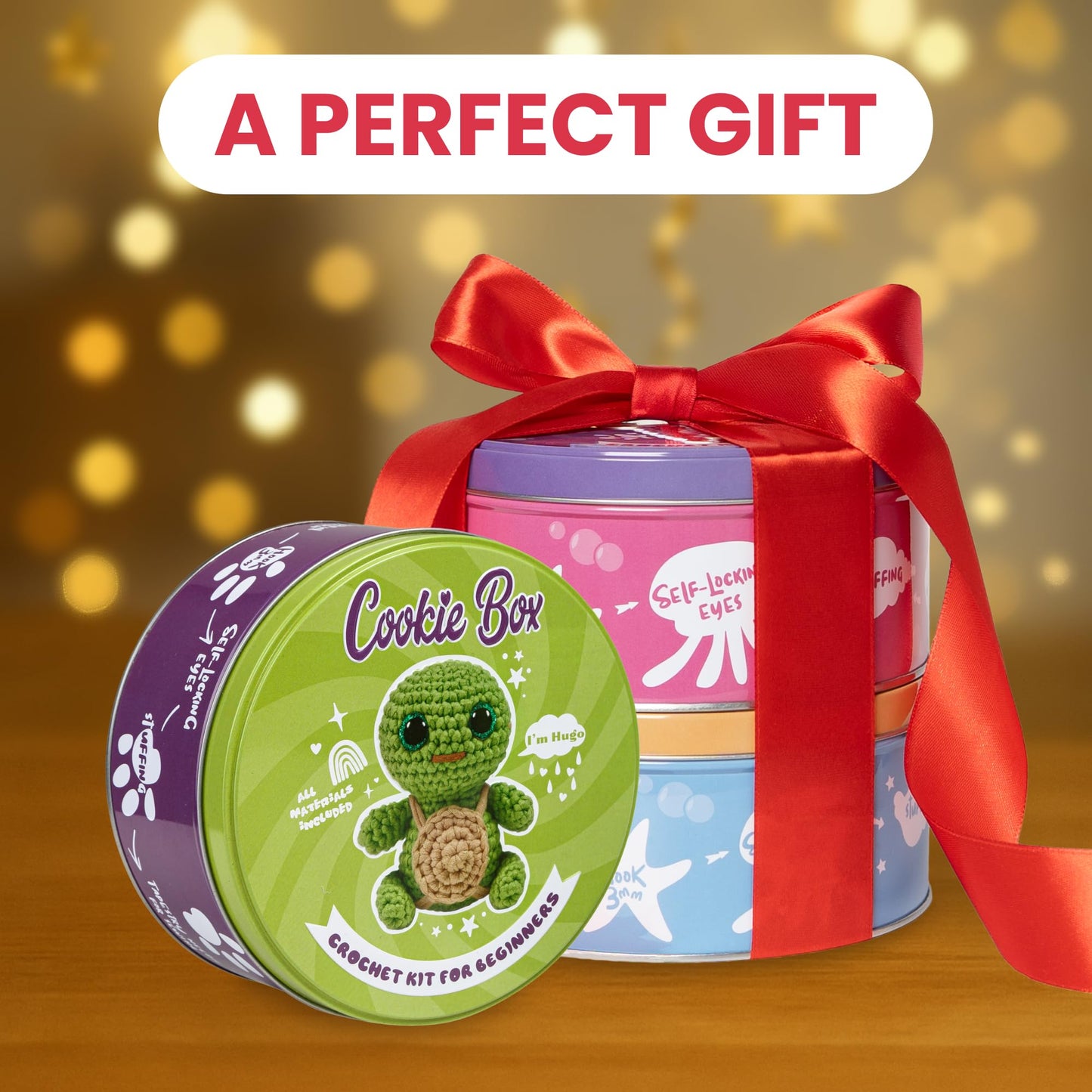 Cookie Box Crochet Kit for Beginners - Learn to Craft Amigurumi Stuffed Animals - Knitting Gift for Kids and Adults - Beginner-Friendly Yarn - Stitch-by-Stitch Video Tutorial - Turtle Hugo