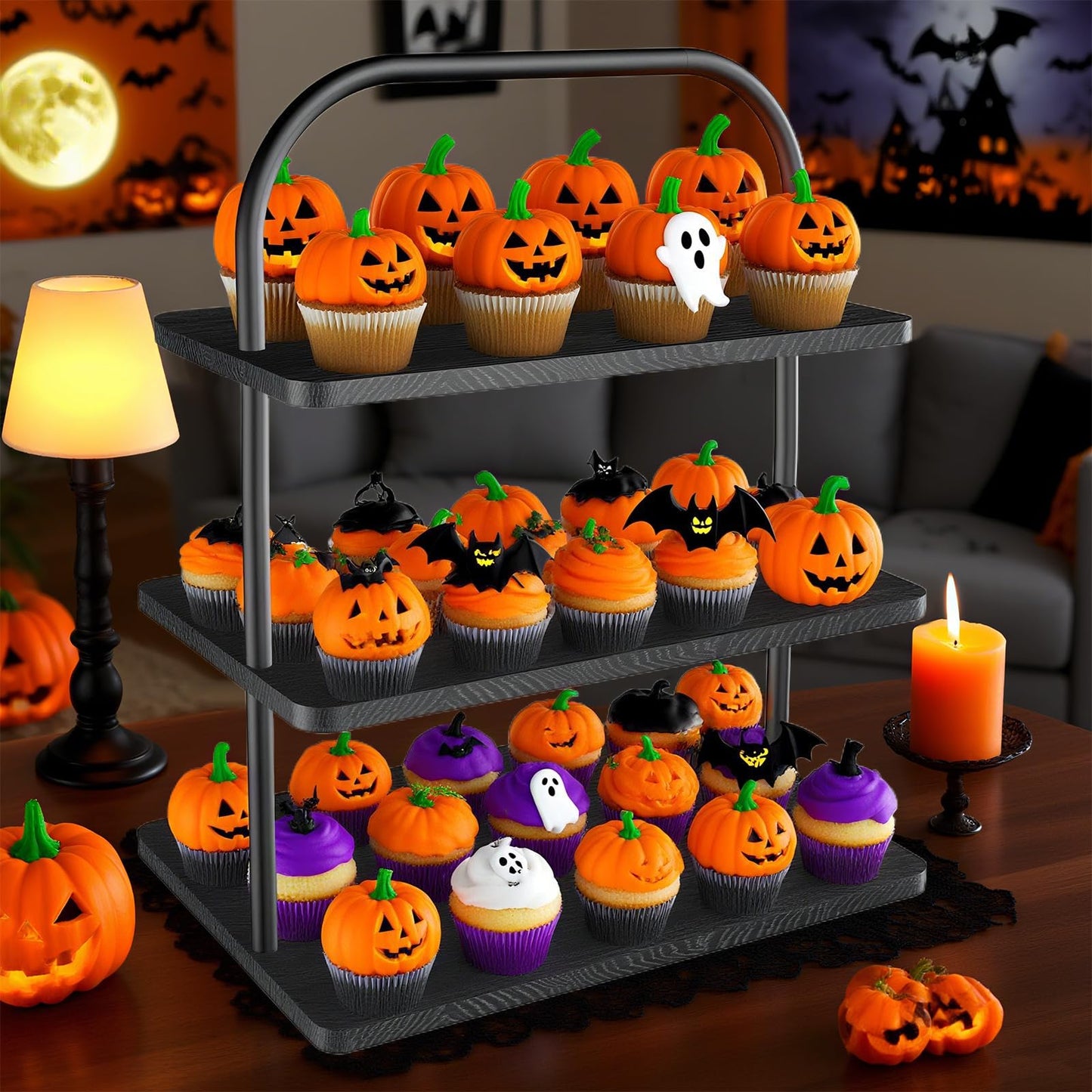 Cupcake Stand, 3 Tier Halloween Cupcake Stand for 50 Cupcakes Wood Large Dessert Stand Cupcake Display Stand Cupcake Tower for Farmhouse Decor, Party Serving Tray, Vendor Dessert Table Display Set