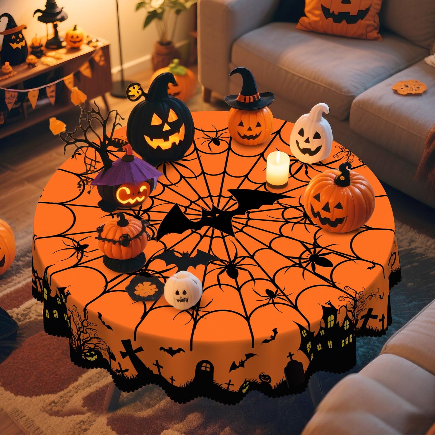 Eikione Round Halloween 60In Tablecloth, Haunted House Decorative Table Cloth, Waterproof and Washable Fabric Table Cover for Party Kitchen Dining Room