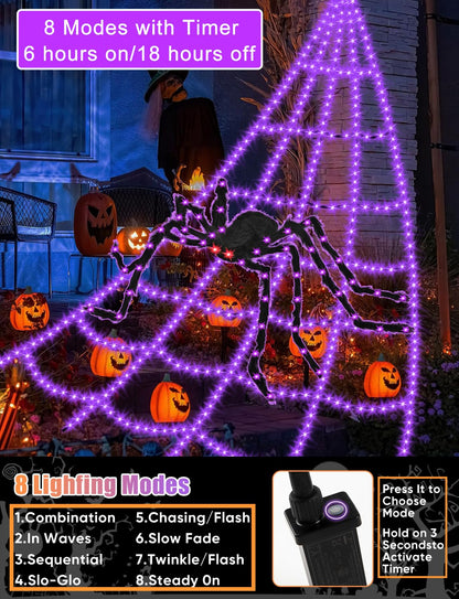 Halloween Decorations Outdoor Spider Web Lights - 550 LED 16.4Ft Spiderweb with 4Ft Large Light Up Spider, Waterproof, 8 Modes Memory Function for Outdoor Yard Halloween Decor (with Spider)