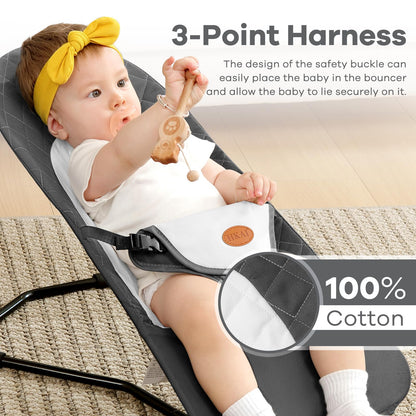 HKAI Baby Bouncer, Portable Baby Bouncer Seat for Babies 0-18 Months, 100% Cotton Fabrics, 3 Modes of use with Rocker and Stationary Options, Infant Rocker Chair with Hanging Toys-Dark Grey