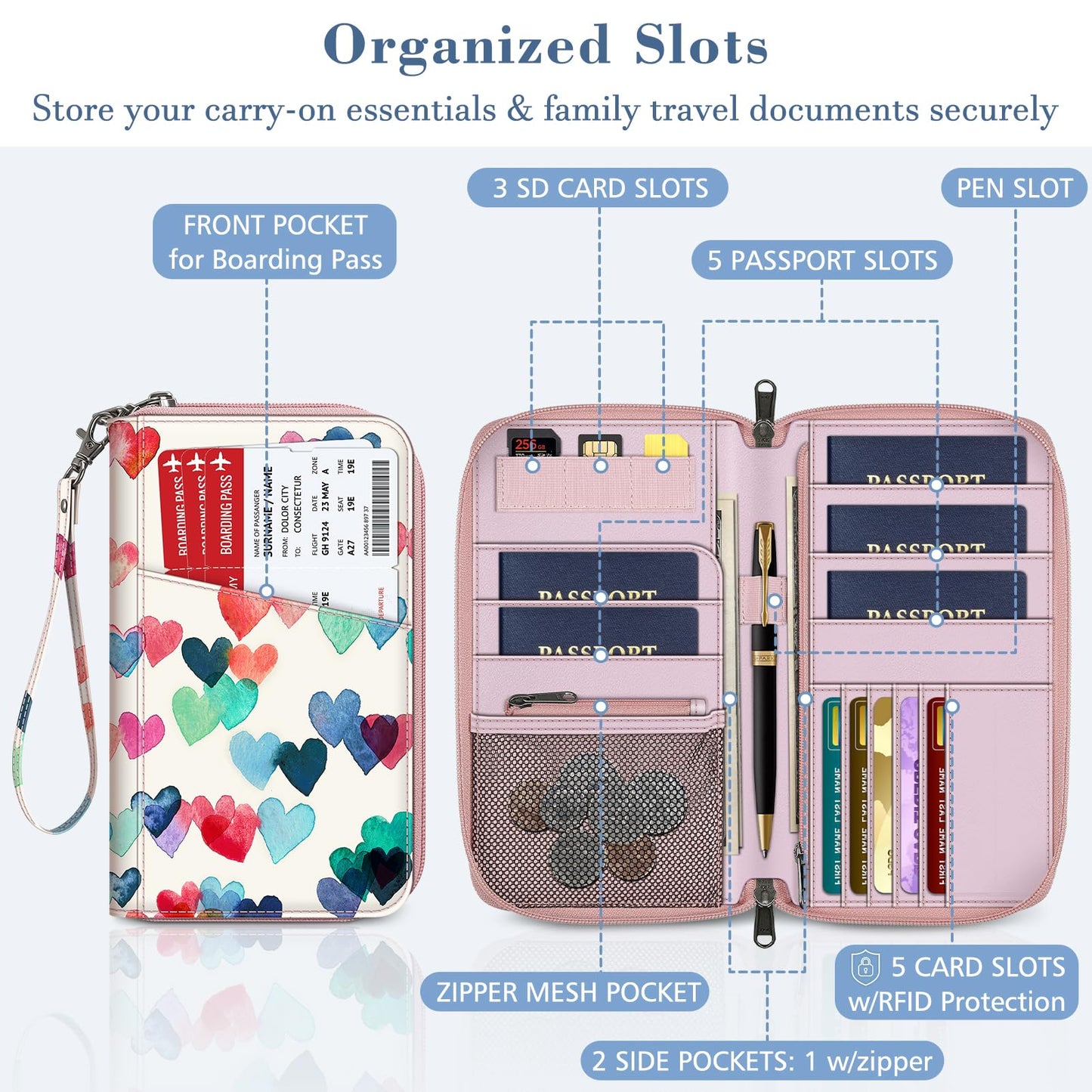 Fintie Family Passport Holder Wallet, RFID Blocking Travel Document Organizer Clutch Bag Credit Cards Case Cover for Women Men, Raining Hearts