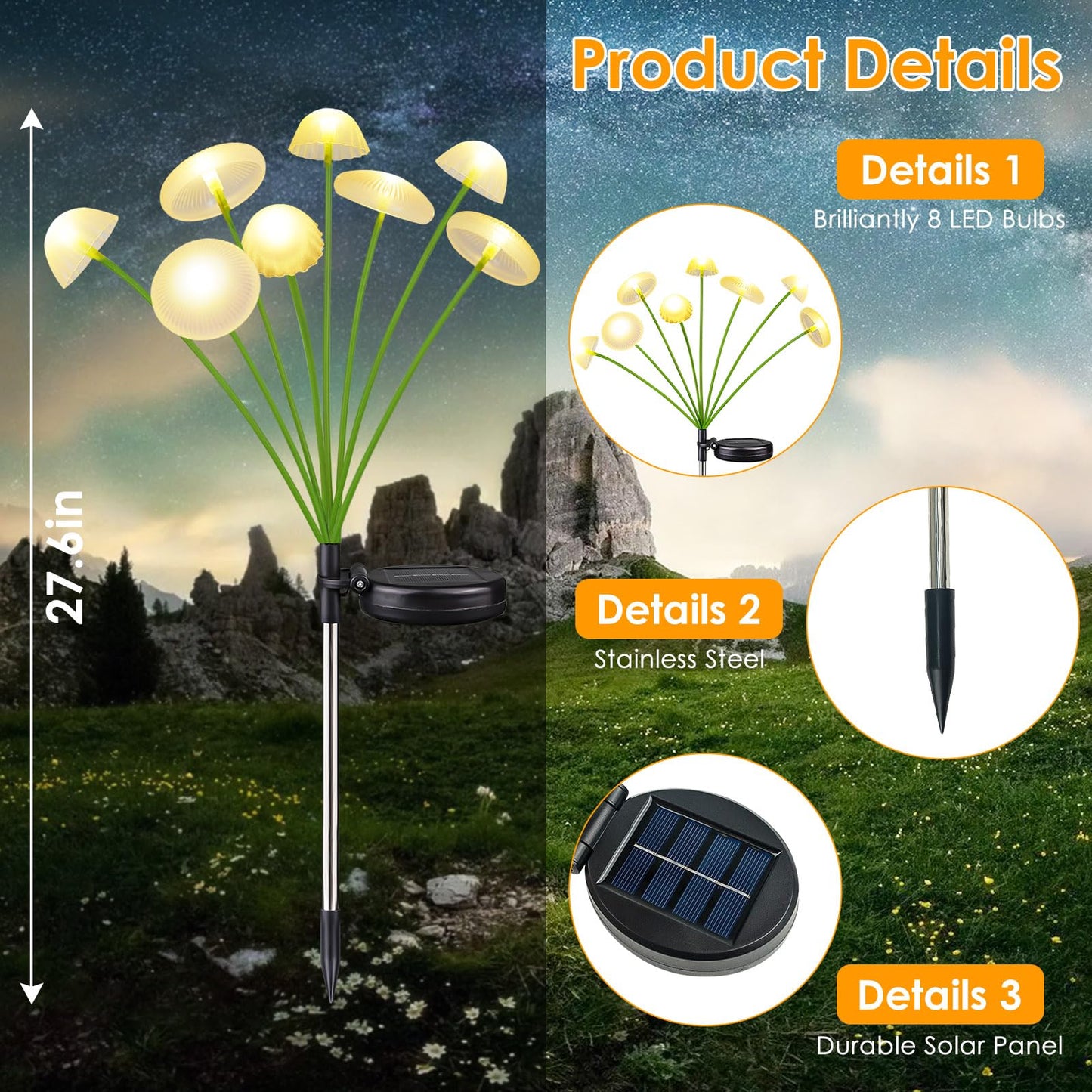 KAQ 4PK 32LED Solar Garden Lights Outdoor Waterproof | Solar Mushroom Lights for Outside Sway by Wind Firefly Fairy Light for Patio Pathway Garden Bush Yard Decorations (Warm White)