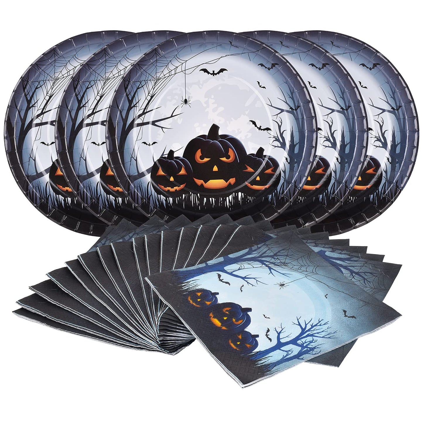 Gatherfun Halloween Party Supplies Anger Black Pumpkin Disposable 10 inch Big Paper Plates and Paper Napkins for Spooky Halloween Party Decorations Serve 50