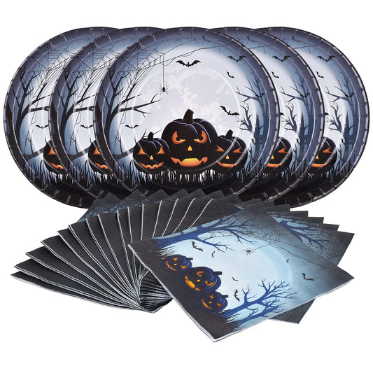 Gatherfun Halloween Party Supplies Anger Black Pumpkin Disposable 10 inch Big Paper Plates and Paper Napkins for Spooky Halloween Party Decorations Serve 50