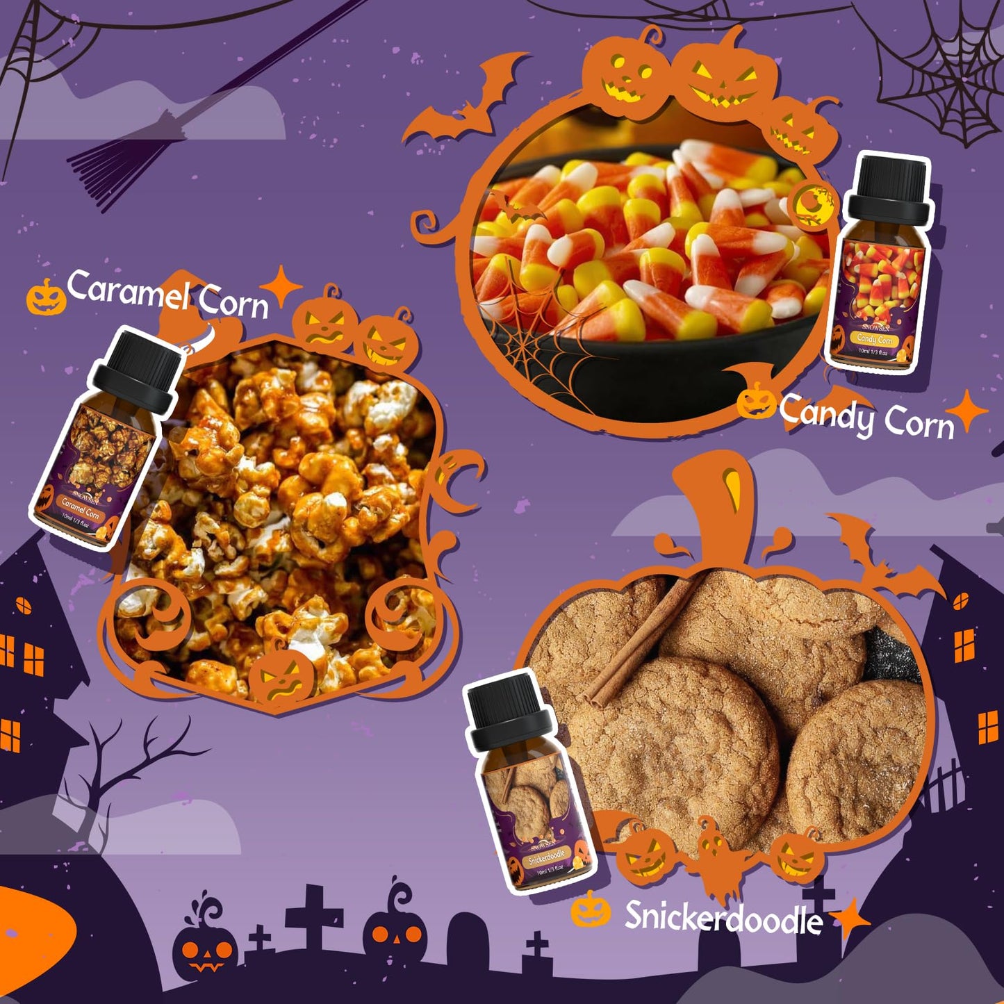 Halloween Essential Oil Set, SNOWSEN Fall Fragrance Oils for Diffuser Oil Scents, Candle Making, Soap Making, Candy Corn, Chocolate Pumpkin Pie, Autumn Wreath, Apple Cider, Caramel Corn,Snickerdoodle