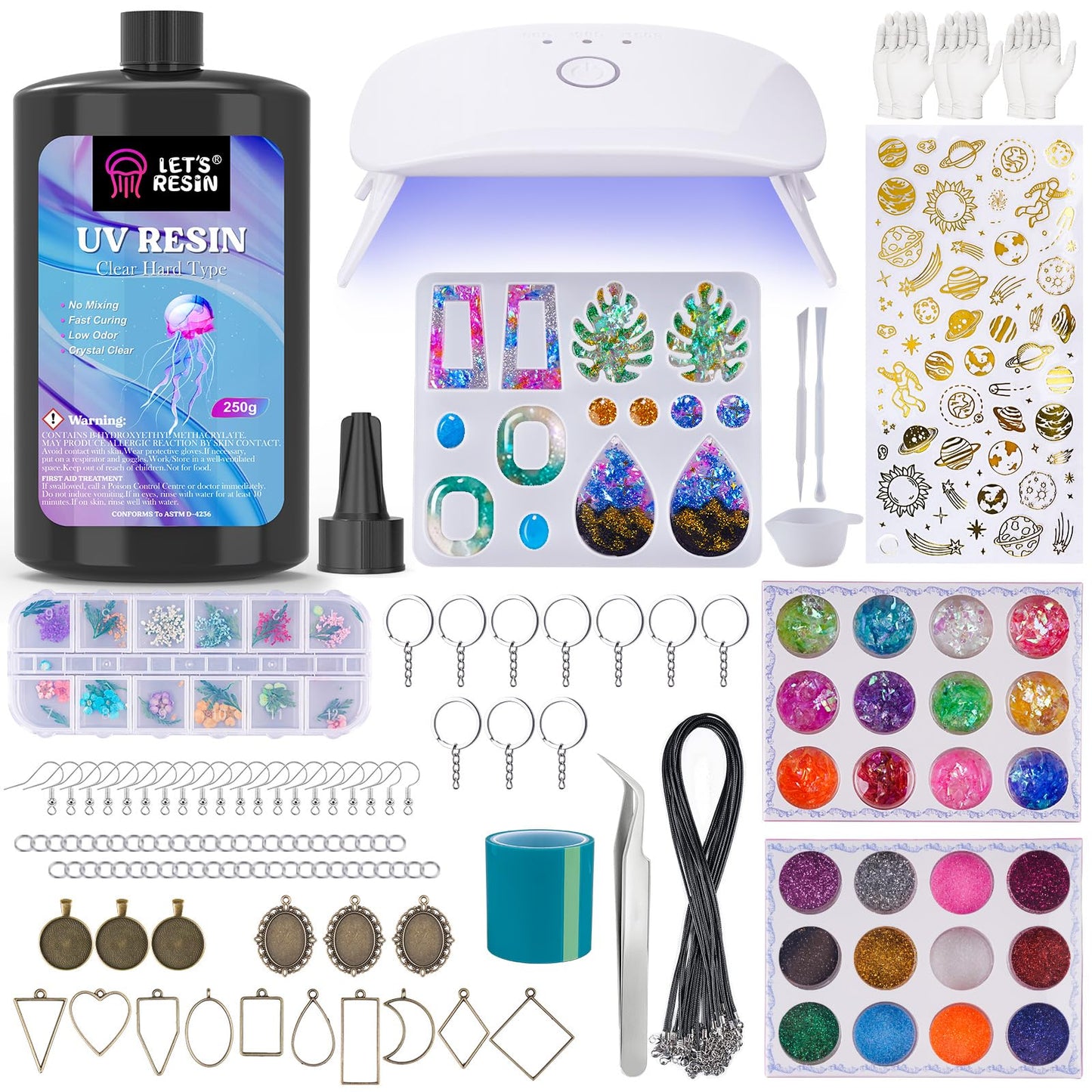 LET'S RESIN Jewelry Making Kit - 153Pcs Highly Clear Resin with Upgraded UV Lamp, Resin Accessories for Keychains, Jewelry