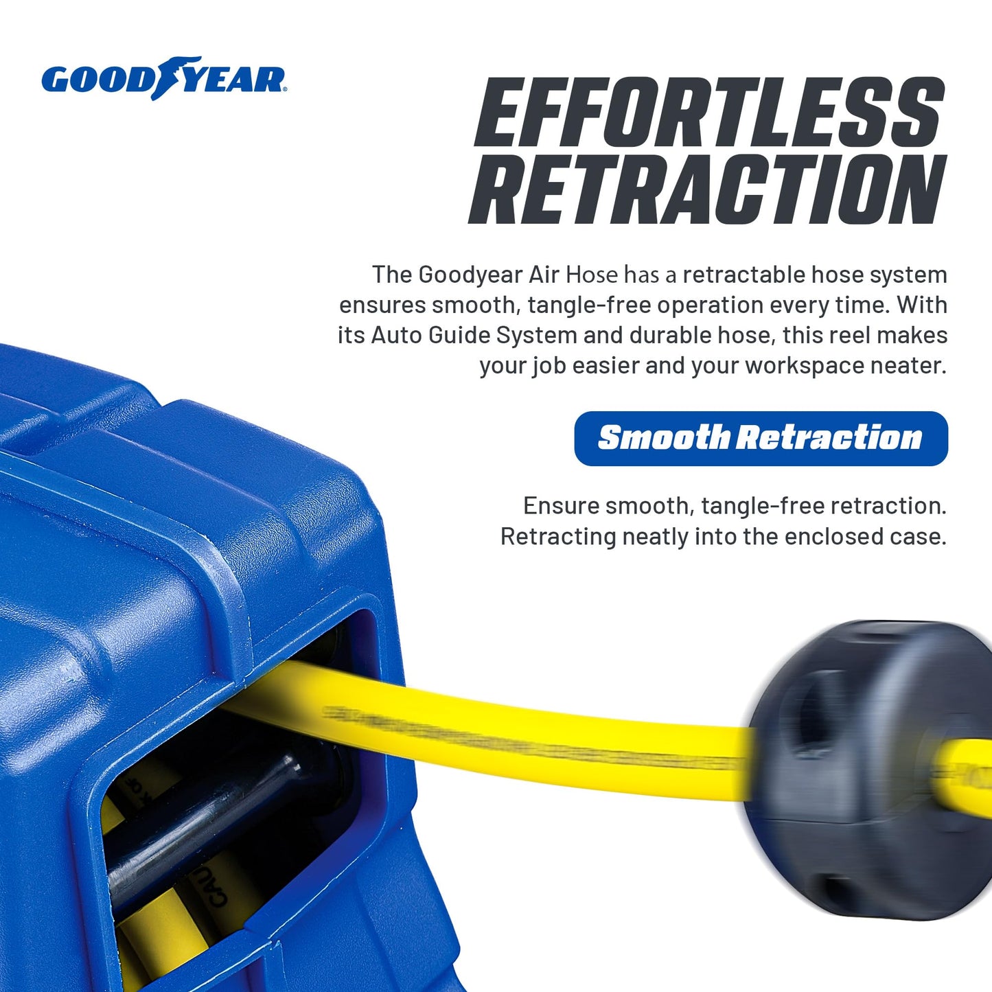 Goodyear Air Hose Reel Retractable 3/8" Inch x 50' Foot Hybrid Polymer Hose Max 300PSI Commerical Polypropylene Construction