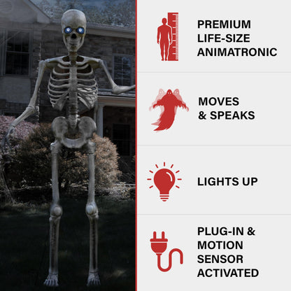 Haunted Hill Farm Motion-Activated 8-Ft. Tall Towering Skeleton, Plug-in Talking Scare Prop Animatronic for Indoor or Covered Outdoor Creepy Halloween Decoration