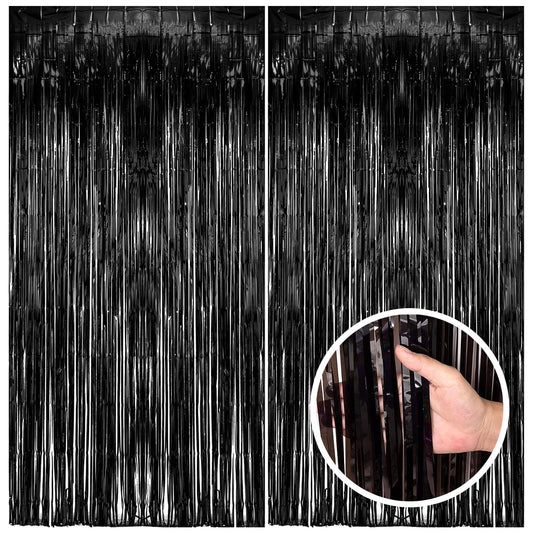 2 Pack Black Party Streamers Backdrop Tinsel Foil Fringe Curtains Halloween Party Decorations Birthday Wednesday Twilight Party Decorations Graduation Wizard Party Supplies