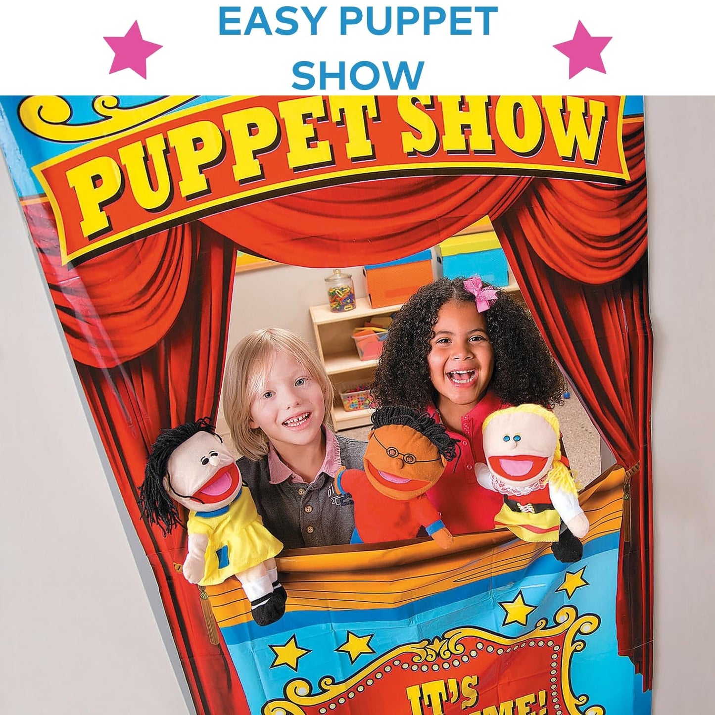 Fun Express 14" Happy Kids Stuffed Hand Puppets with Movable Mouths - 8 Puppets - Multicultural - Great for School and Home