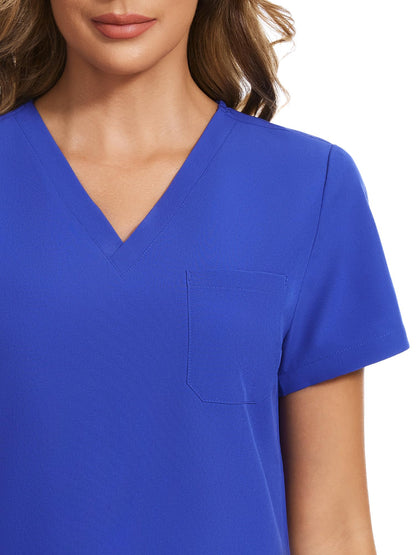 COZYFIT Women's Scrubs Set - Stretch V-Neck Top & Jogger Pant with 8 Pockets, Yoga Waistband, Anti Wrinkle, Slim Fit - Blueberry, XS, Tall