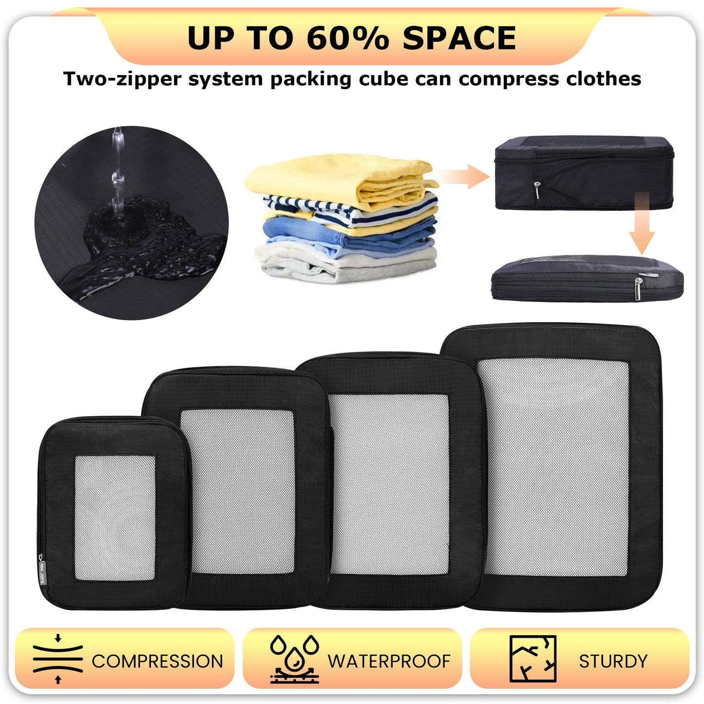 HDKJDPG Ultralight Compression Packing Cubes Travel for Suitcases ，Compressible Mesh Packing Cubes for Travel Women Packing Organizers 4 Set