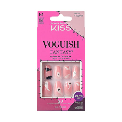 KISS Voguish Fantasy Halloween Nails, Black & White, Medium Length, Coffin Shape, Pink Gel Nail Glue (2g), Mini Nail File, Manicure Stick, & 28 Fake Nails
