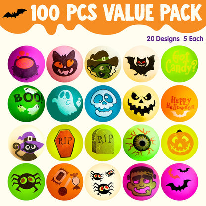 JOYIN 100 PCS Halloween Glow in The Dark Bouncing Balls, 20 Designs Halloween Theme Glowing Bouncy Balls for Halloween Party Supplies, Party Favors, Trick or Treating Goodies