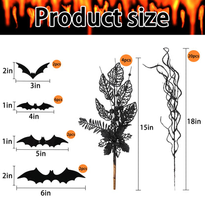 24 Pcs Artificial Halloween Branches Picks Ornaments with 12 Pcs Bats- Fake Black Berry & Flowers Stems Curly Willow Branches- Faux Glitter Black Floral Twig Stems Sticks for Halloween Xmas Home Decor
