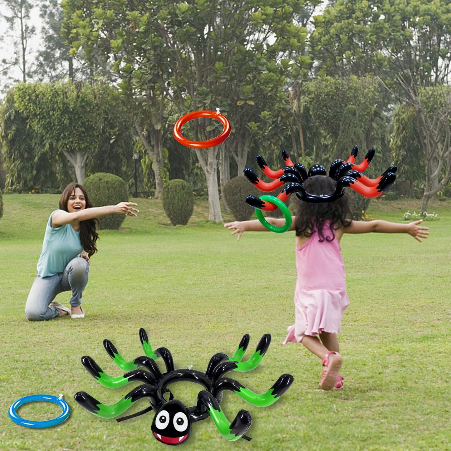 15 Pcs Inflatable Spider Ring Toss Game for Kids Halloween Inflatable Toss Game Party Toys Halloween Games School Carnival Party Supplies Indoor Outdoor Game for Kids Family (3 Spider, 12 Rings)