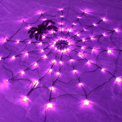 FUNPENY Halloween 80 LED Spider Web Lights with Spider, Battery Powered 8 Modes Light up Cobweb Halloween Decorations for Indoor Ourdoor Garden Yard Home Patio (Purple)