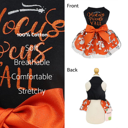 Fitwarm Hocus Pocus Y'all Funny Dog Halloween Tulle Dress, Holiday Dog Clothes for Small Dogs Girl, Funny Pirate Skull Pet Costume, Witch Cat Outfit, Orange, Black, Small