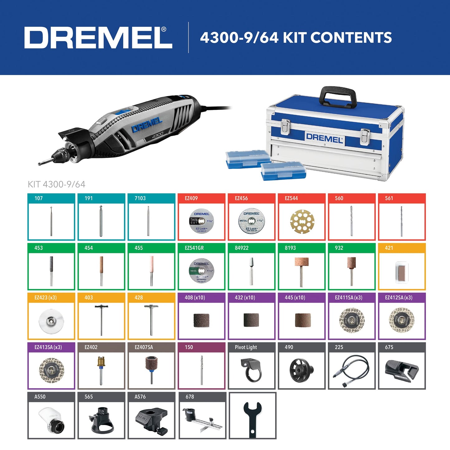 Dremel 4300-9/64 Versatile Rotary Tool Kit with Flex Shaft - 9 Attachments & 64 Accessories - Ideal for Engraving, Etching, Sanding, and Polishing
