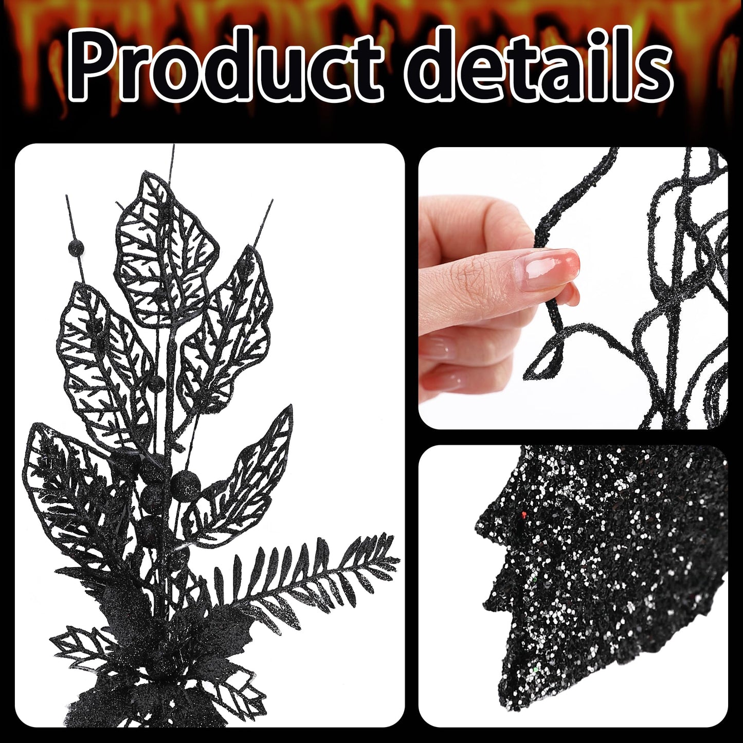 24 Pcs Artificial Halloween Branches Picks Ornaments with 12 Pcs Bats- Fake Black Berry & Flowers Stems Curly Willow Branches- Faux Glitter Black Floral Twig Stems Sticks for Halloween Xmas Home Decor