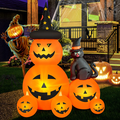 HOPOCO 6 FT Halloween Inflatable Decorations Spooky Ghost Pumpkin Lighted and Witch's Cat, Halloween Decorations Outdoor Inflatables Pumpkin Combo with Build-in LED Blow Up Inflatables for Yard Garden