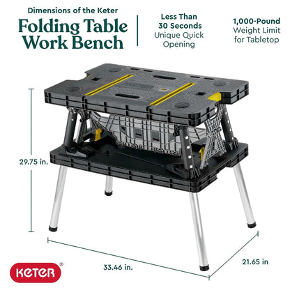 Keter Folding Work Table, Portable Workbench w/ 12" Clamps for Garage/Wood Shop - Heavy-Duty and All-Weather for DIY Home Improvements and Worksites