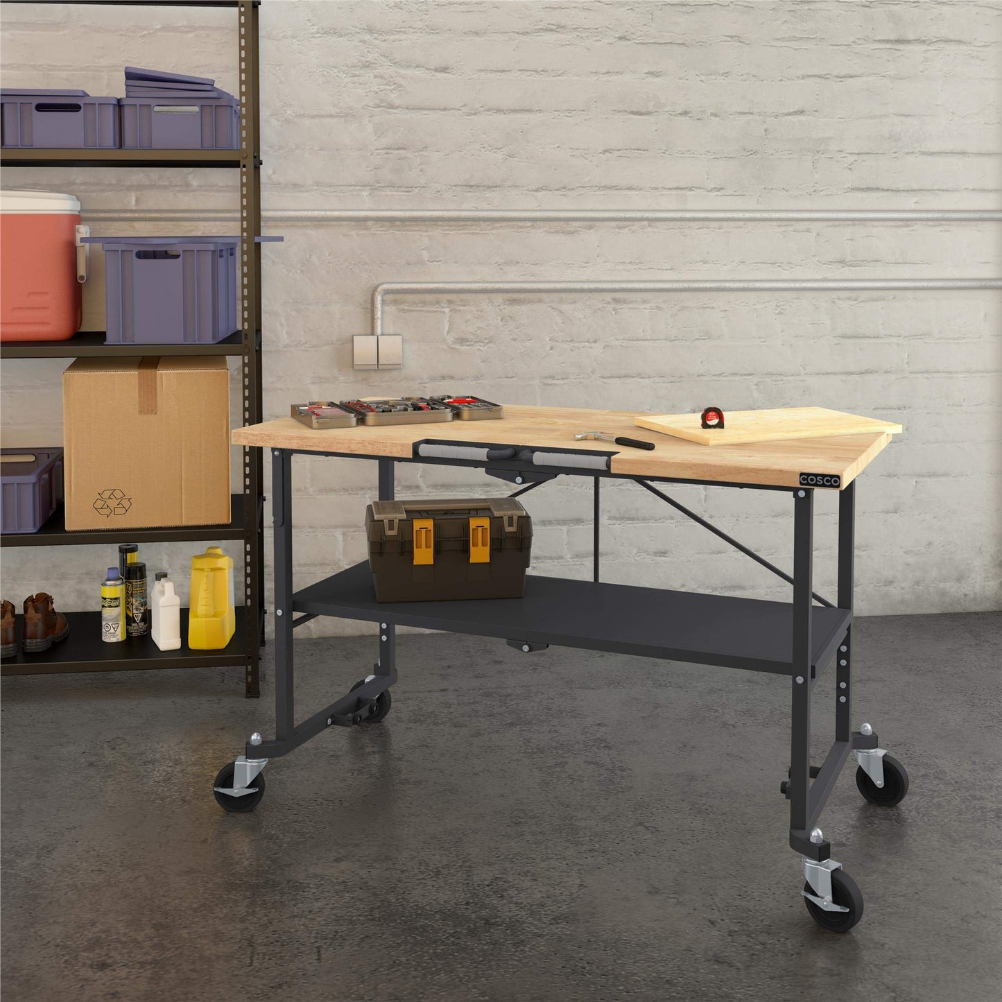 COSCO SmartFold Butcher Block Portable Workbench / Folding Utility Table (Hardwood Top, 700LB Total Weight Capacity, Locking Casters, Gray Steel Frame, 1 Pack)