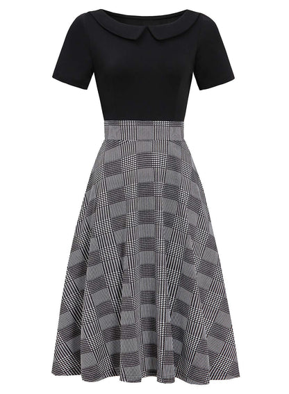 Fit and Flare Dresses for Women Vintage Casual Peter Pan Collar Flower Print Work Party A-Line Swing Dress with Pockets 978 (Plaid Black, L)