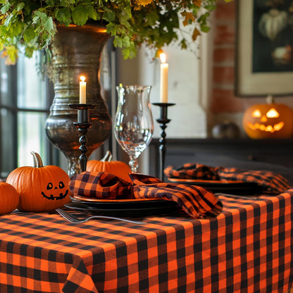 COTTON CRAFT Halloween Tablecloth - Classic Gingham Check Plaid Pure Cotton Tablecover - Reusable Rectangular Table Cloth - Autumn Harvest Fall Holiday - Halloween Party Décor - 60x84 - Orange Black