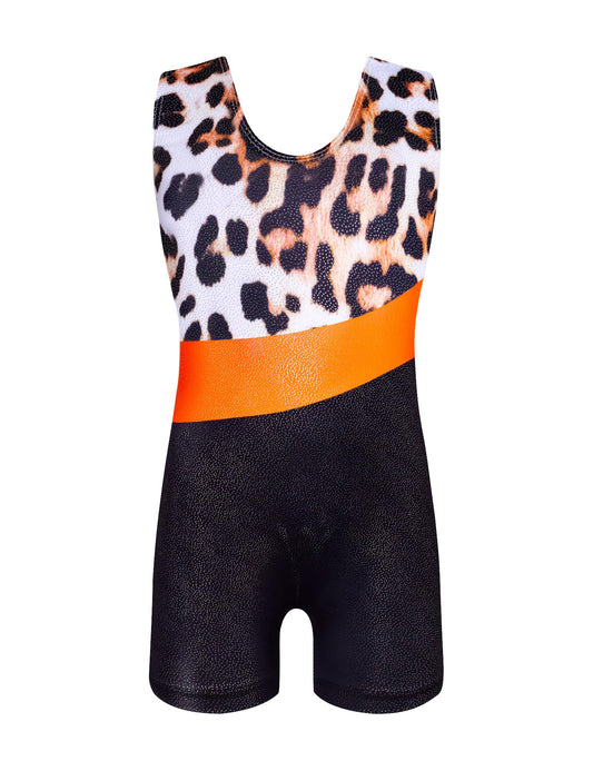 Leotard for Girls Gymnastics Size 5-6 Years Old Shiny Black Cheetah Practice Unitards with Shorts