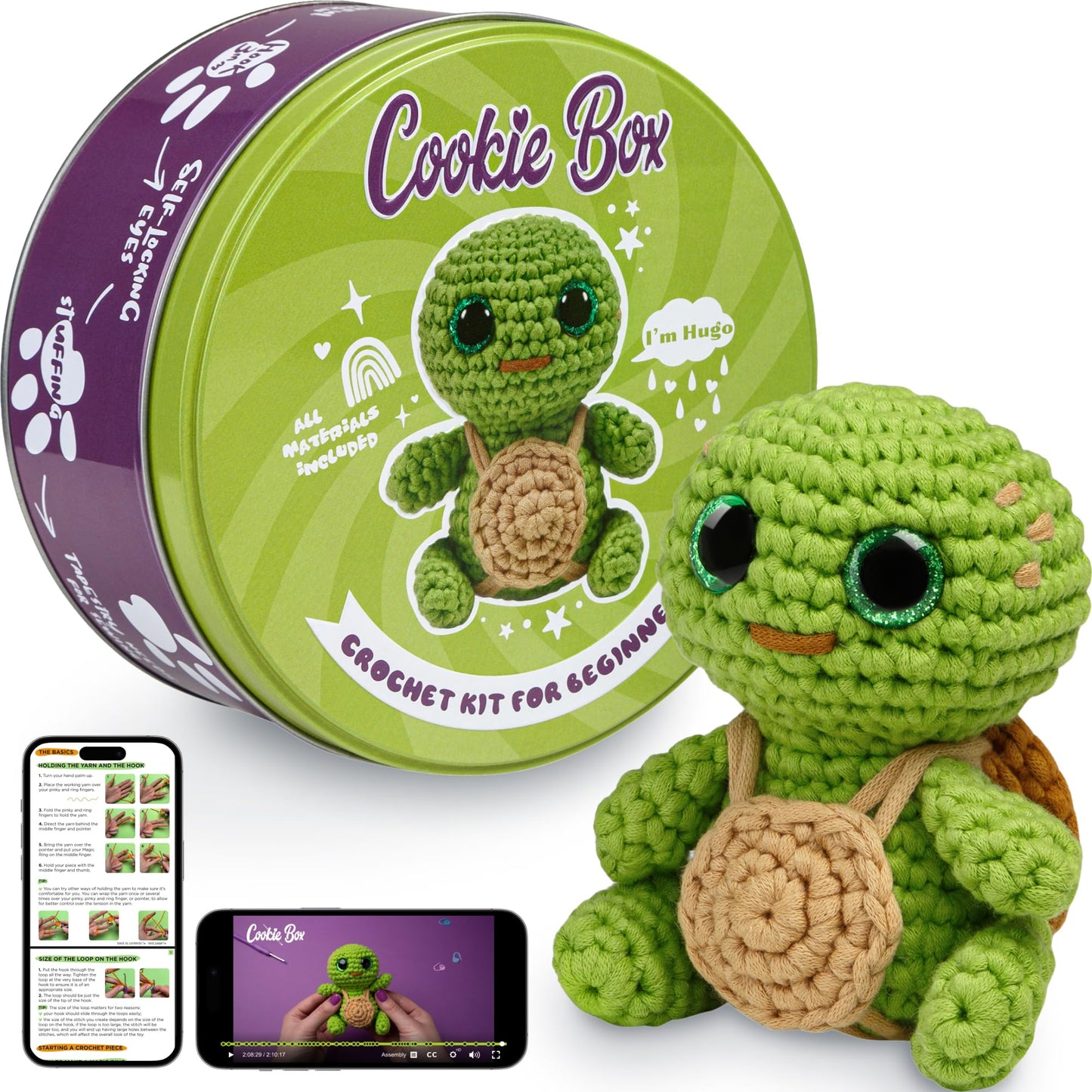 Cookie Box Crochet Kit for Beginners - Learn to Craft Amigurumi Stuffed Animals - Knitting Gift for Kids and Adults - Beginner-Friendly Yarn - Stitch-by-Stitch Video Tutorial - Turtle Hugo