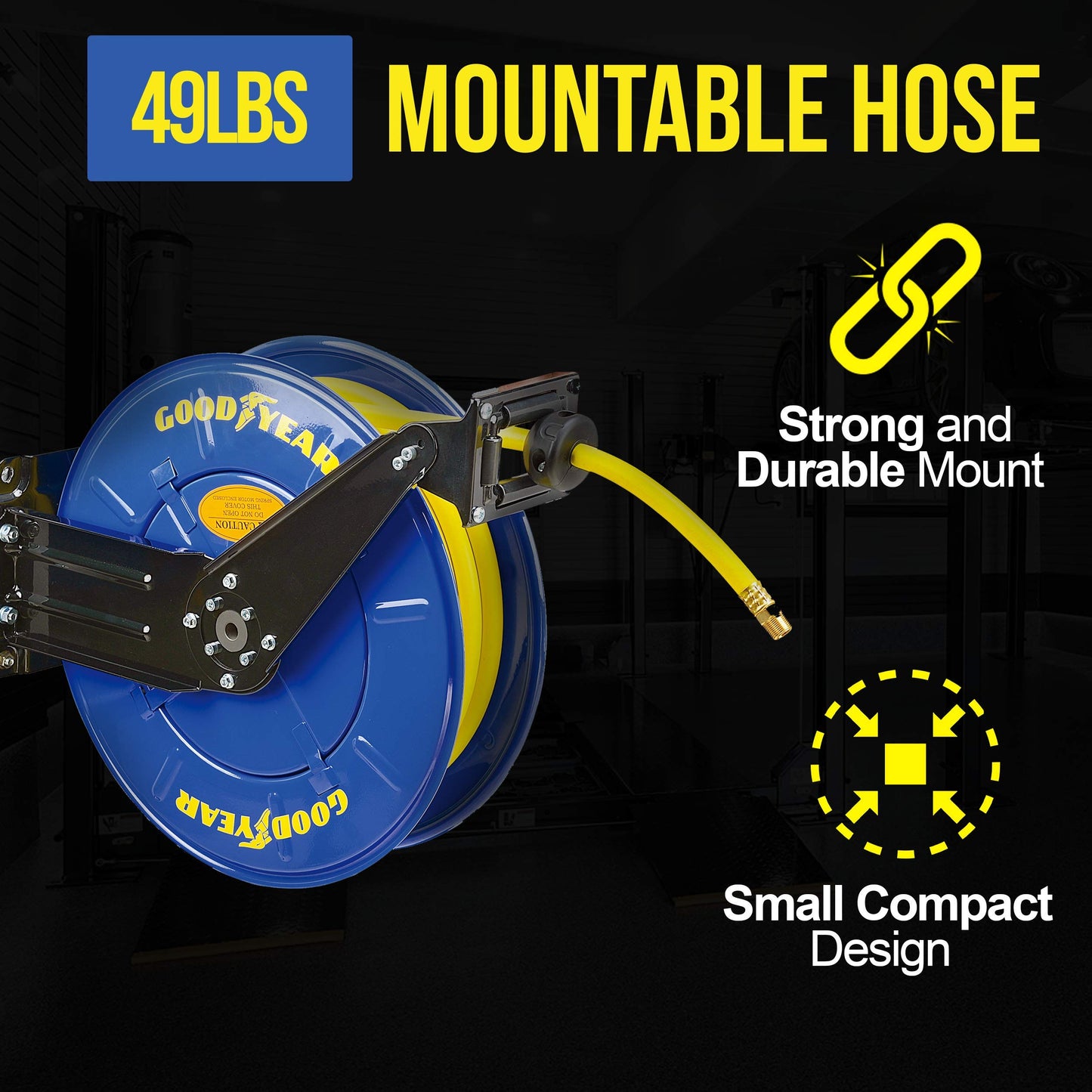 GOODYEAR Air Hose Reel Retractable 3/8" Inch x 50' Feet Long Premium Commercial SBR Hose Max 300 Psi Reinforced Steel Construction Heavy Duty Spring Driven Industrial Dual Arm & Pedestal