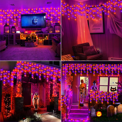 KNONEW 99FT 960 LED Orange Purple Halloween Lights Outdoor Black Wire String Lights with 180 Drops, 8 Lighting Modes, Timer Memory Function Hanging Curtain Lights for Halloween Party