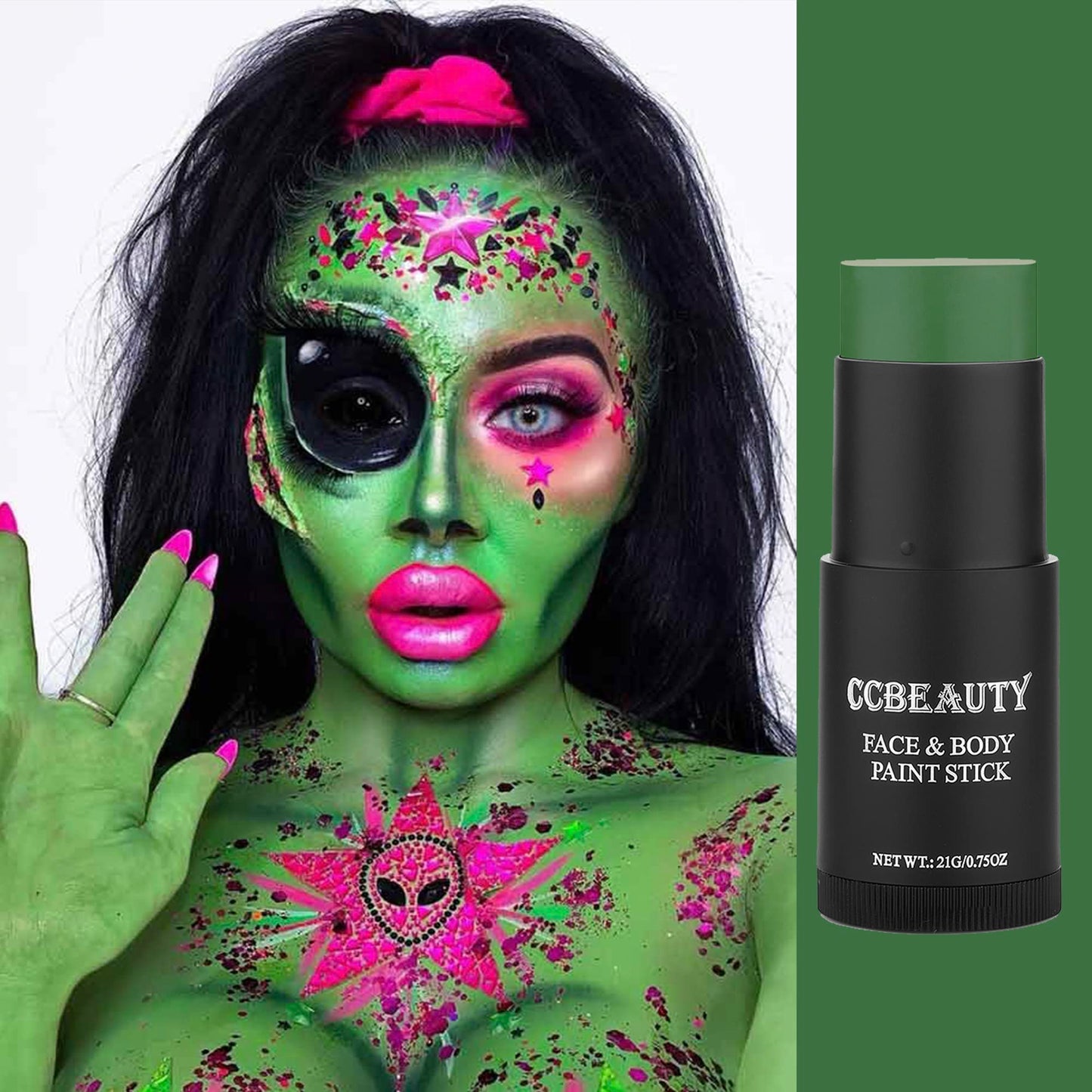 CCbeauty Witch Green Face Paint Stick, Face Painting Kit, Dark Green Cream SFX Makeup Foundation, Professional Body Paint for St. Patrick's Day, Halloween Costume Party, Grinch Hulk Monster Makeup