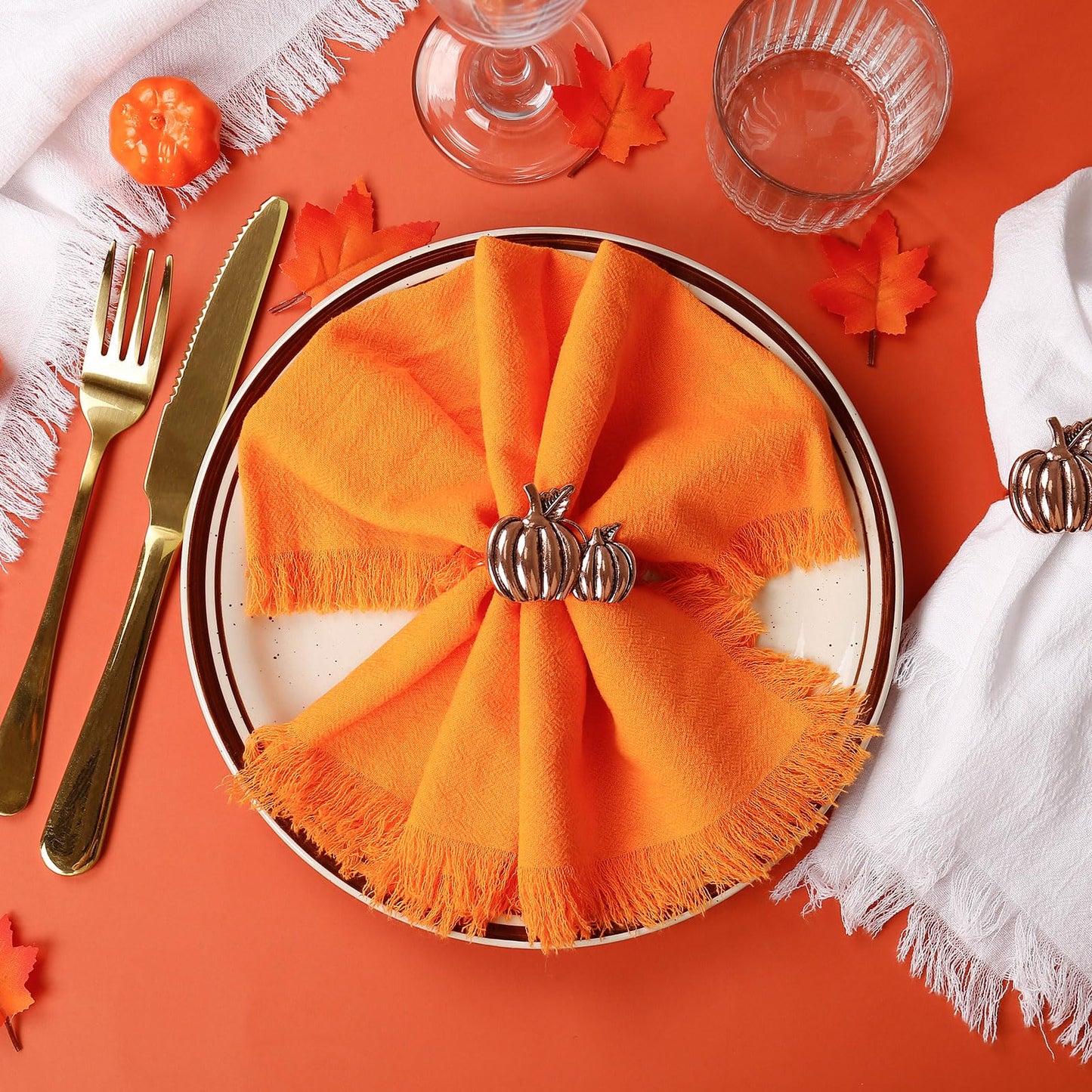 Getfitsoo Copper Pumpkin Napkin Rings - Set of 6, Thanksgiving & Halloween Table Holders