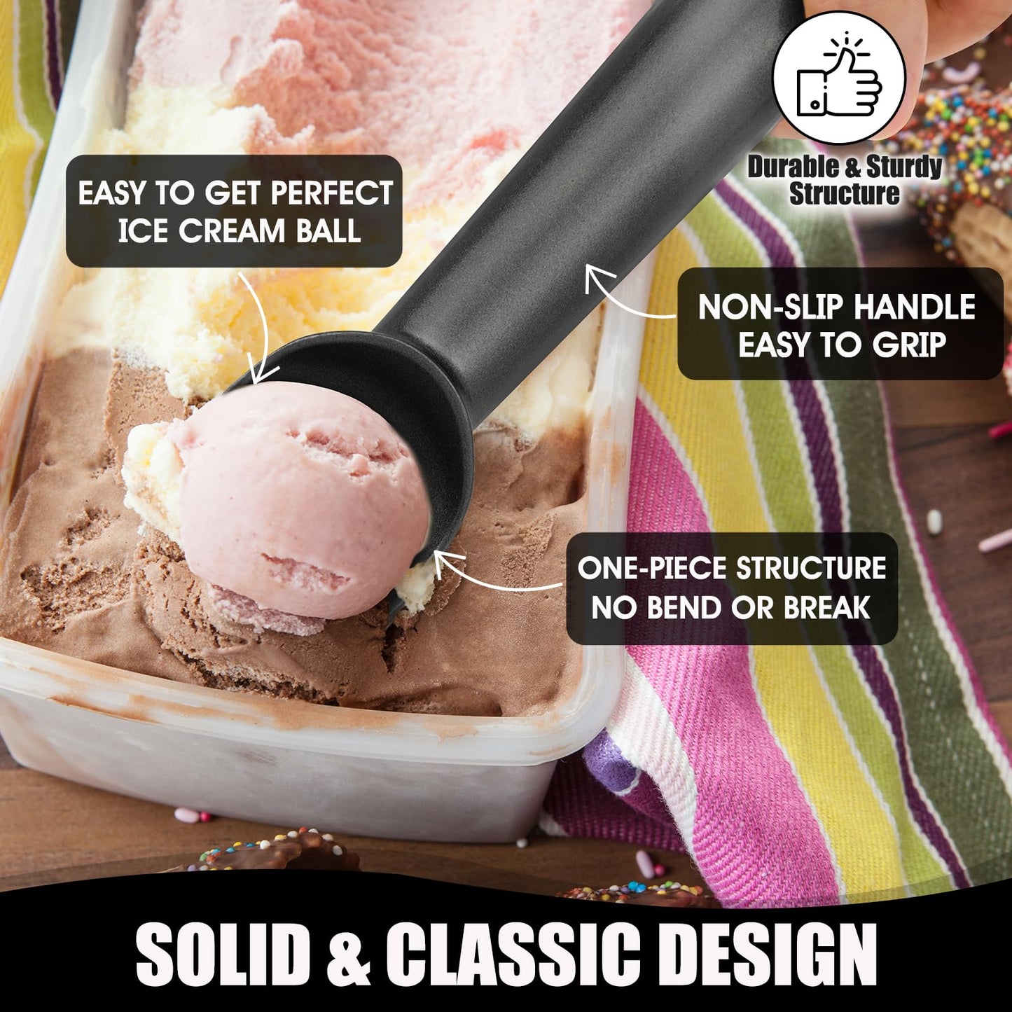 CUNSENR 7 inch Ice Cream Scoop - One-Piece Nonstick Aluminum Ice Cream Scooper - Professional Metal Ice Cream Spoon - Durable, Easy to Use & Clean - Lightweight Cookie Spoon - Scoop Ice Cream (Black)