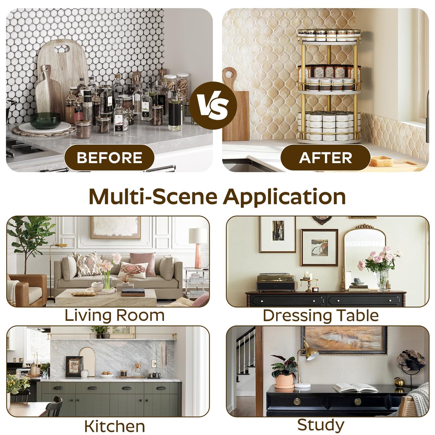 3-Tier Lazy Susan Organizer, Rotating Spice Rack, Spinning Organizer, Industrial Turntable Spice Rack Organizer for Cabinet, Kitchen Countertop, Pantry, Rustic Brown and Black SR23BR