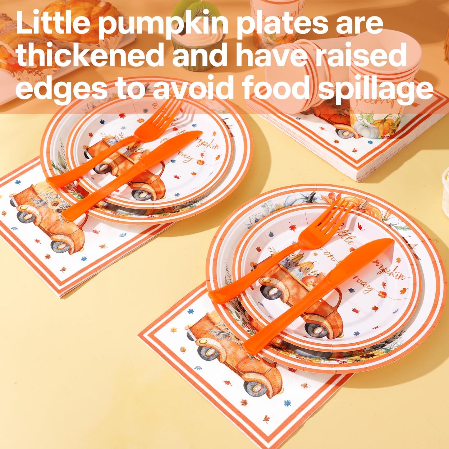 Gudvilla 168 Pcs Little Pumpkin Plates and Napkins, Fall Baby Shower Plates and Napkins Sets Serves 24, Little Pumpkin Baby Shower Decorations Boy, Orange Blue Autumn Farm Thanksgiving