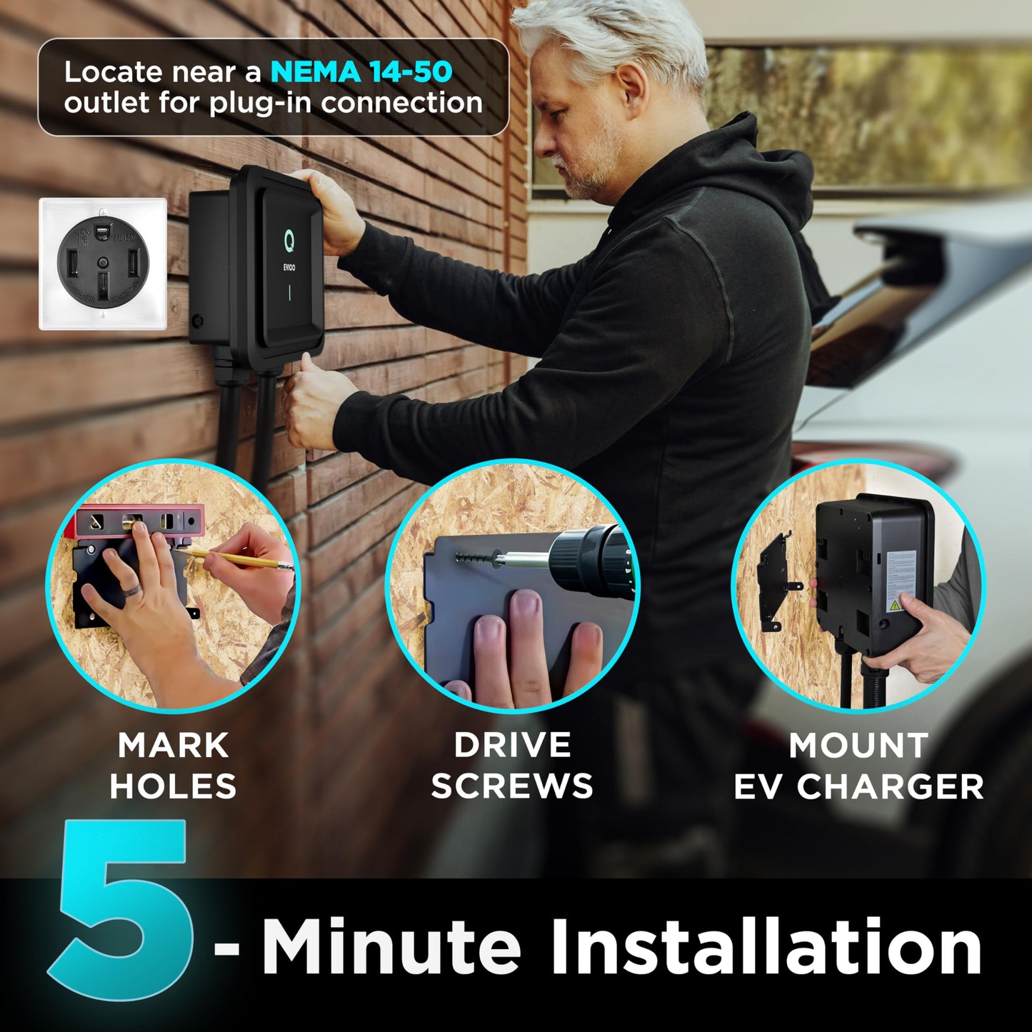 EVIQO Level 2 EV Charger – 48 Amp (11.5 kW) 240V – Wall EV Charger Level 2, NEMA 14-50 Plug/Hardwired, J1772 25' Cable, Enhanced Wi-Fi – UL, Energy Star, ETL Certified EVSE, Car Charging Station GEN 2
