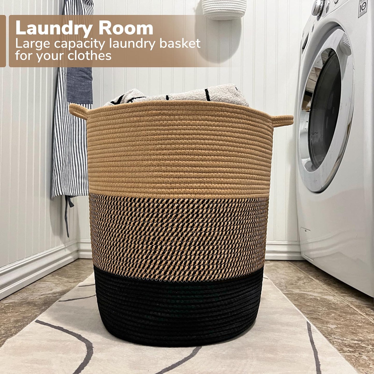 INDRESSME Laundry Basket Large Laundry Hamper, Woven Baskets for Storage, 17.8" x 15.8" x 13.8", Wicker Laundry Basket for Living Room, Dirty Clothes Basket, Baby Hamper for Nursery, Black & Jute