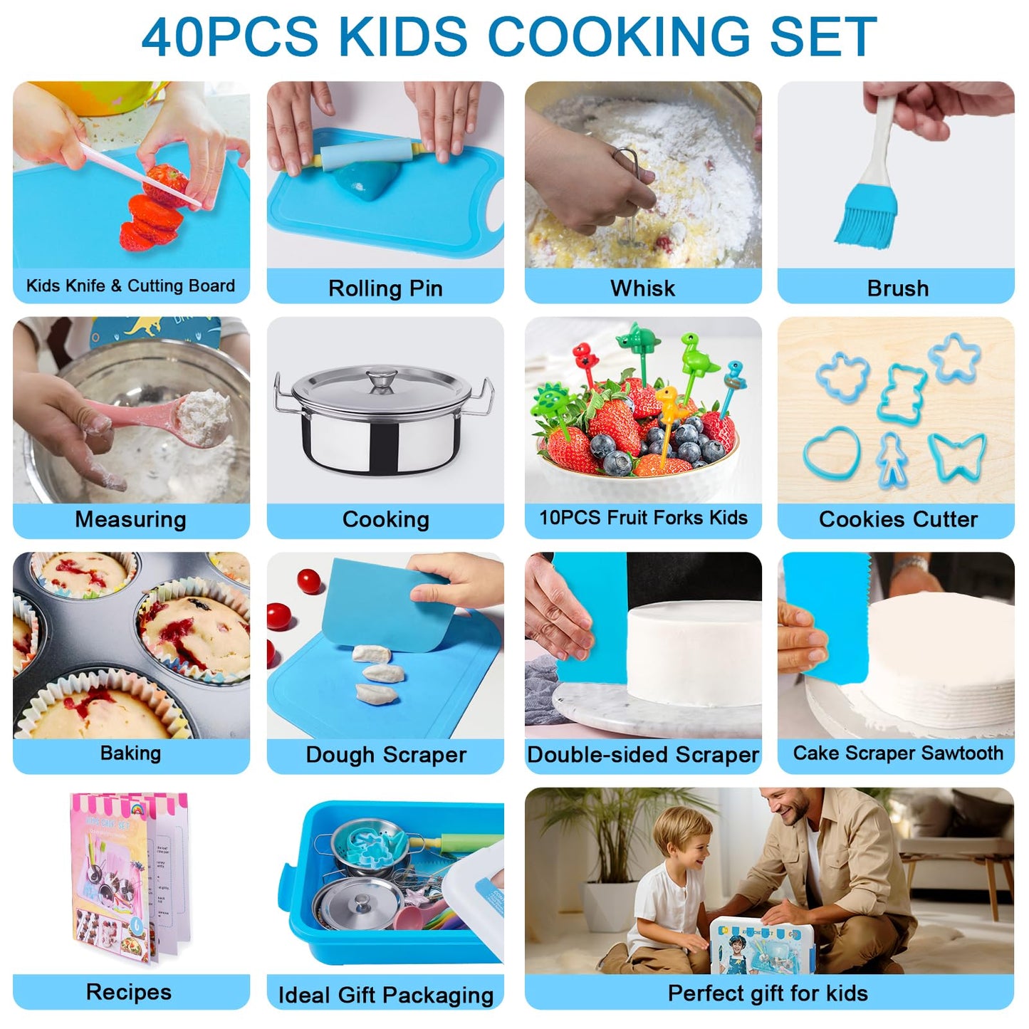 42-Piece Kids Cooking Set - Real Knife, Baking Set, Pots & Pans, Pretend Play Toys - Apron & Chef Hat for Boys