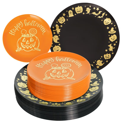 ISFANGCO 60 PCS Plastic Spoof Plates Set for 30 Guests-30 Black Dinner Plates with Gold Ghost Spider,30 Orange Dessert Plate with Gold Pumpkin Lantern