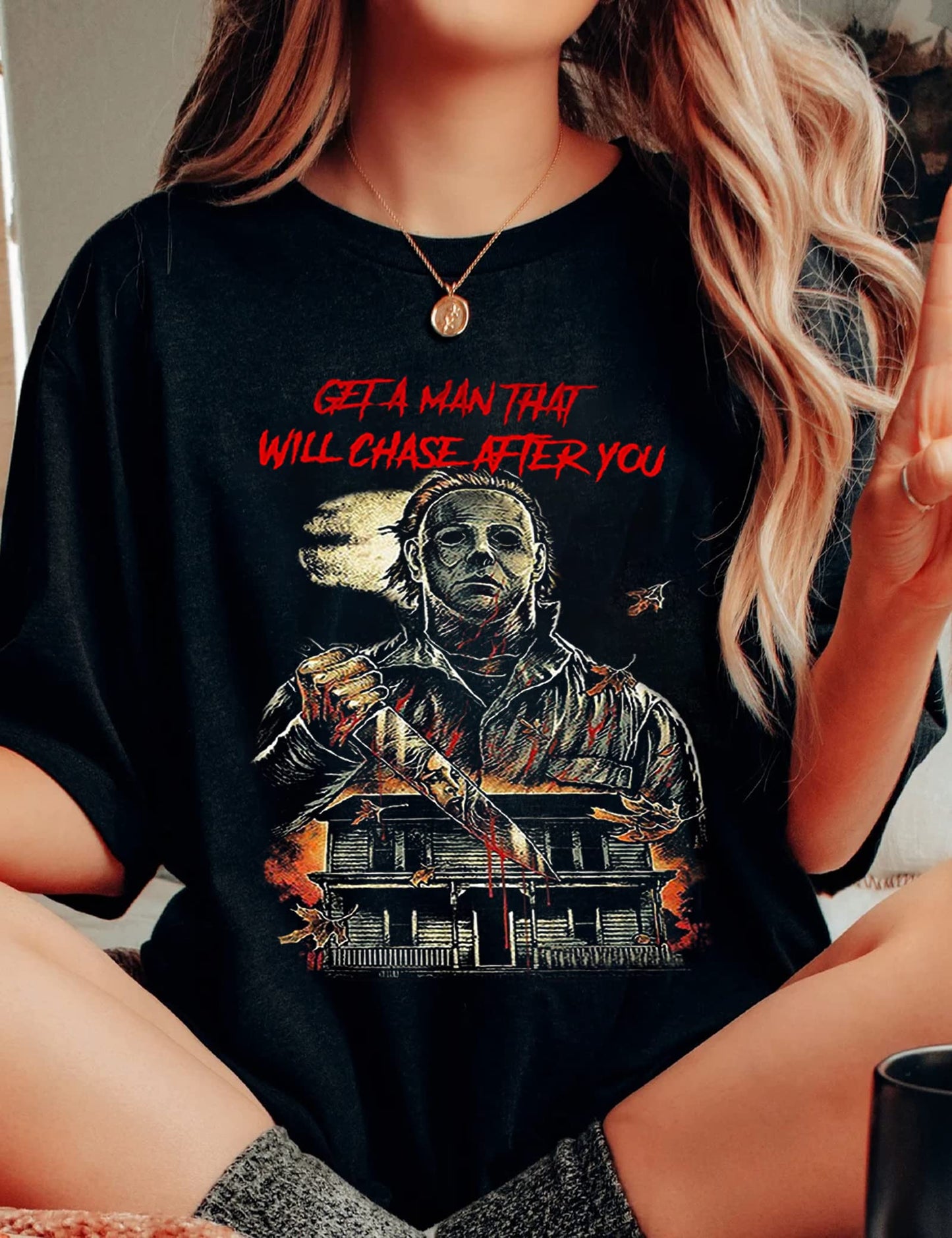 Get A Man That Will Chase After You Halloween Bleached Shirt Women Horror Scary Graphic Tees Top(BK2,M)