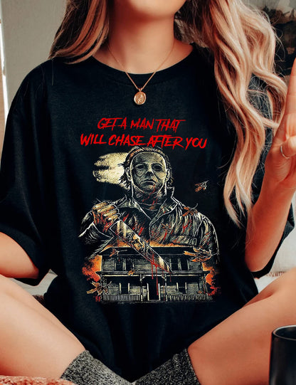 Get A Man That Will Chase After You Halloween Bleached Shirt Women Horror Scary Graphic Tees Top(BK2,M)