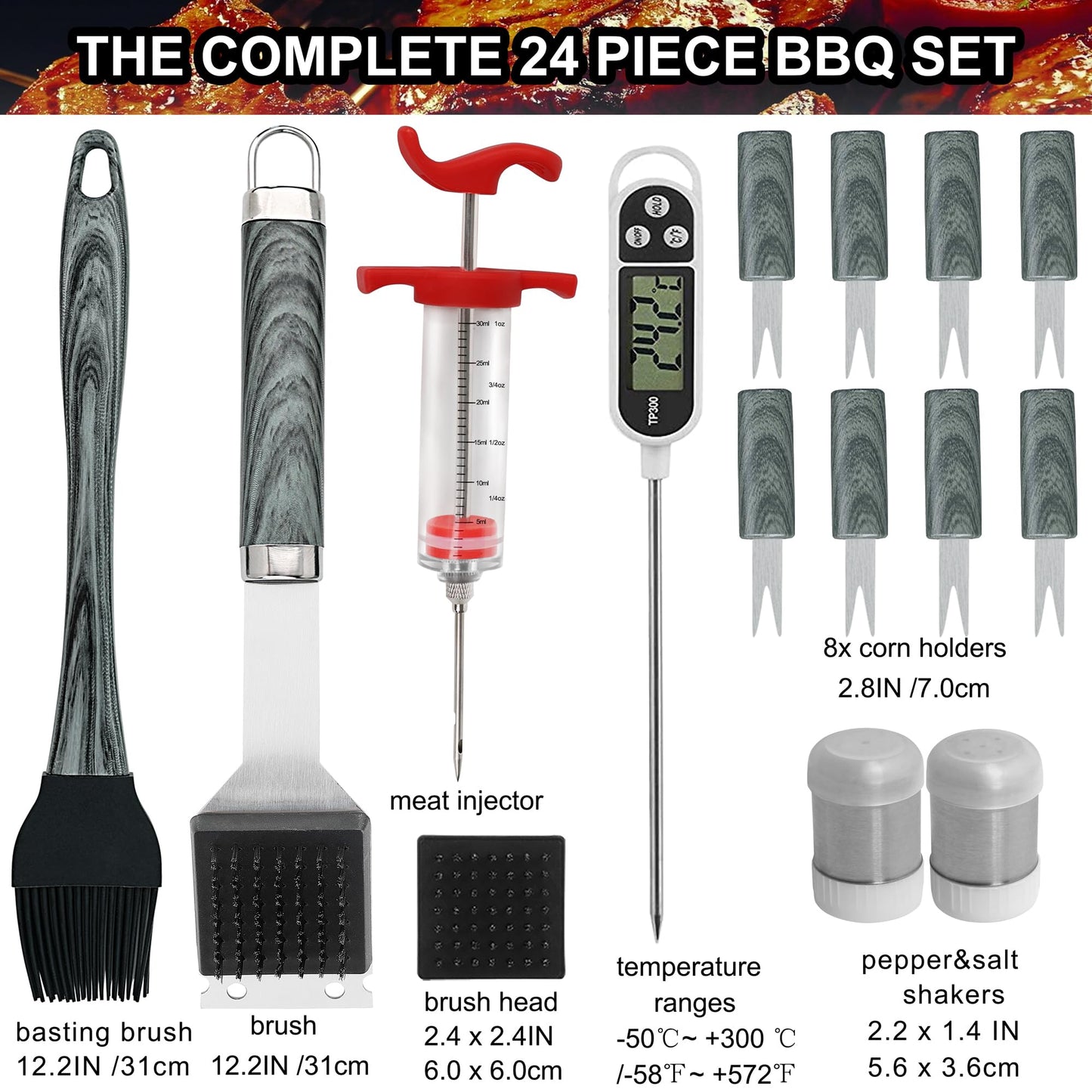 grilljoy 24PCS BBQ Grill Tools Set with Meat Thermometer and Injector - Extra Thick Stainless Steel Fork, Spatula& Tongs - Complete BBQ Accessories in Aluminum Case - Perfect Grill Gifts for Men Grey