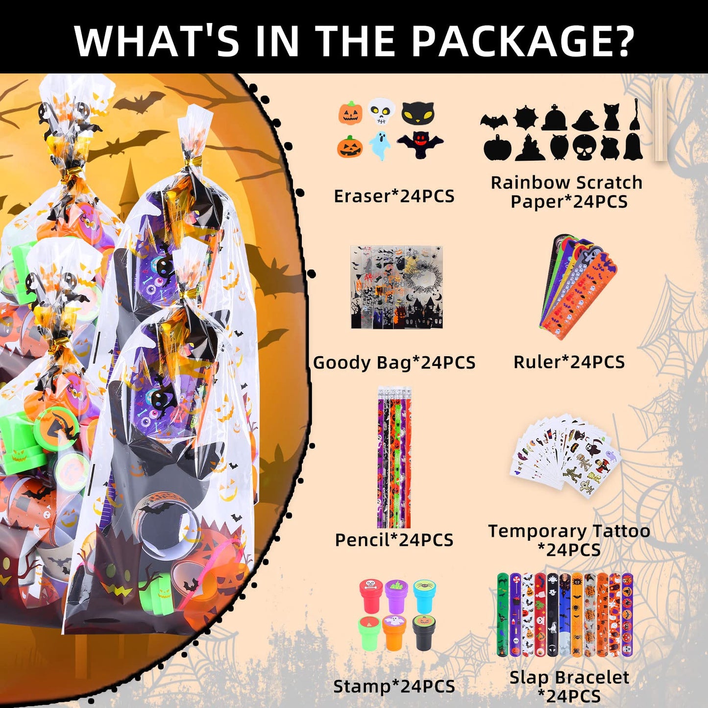 192 Pcs 24 Pack Assorted Halloween Stationery, Party Favors for Kids, Goodie Bags Stuffers Set Including Pencils, Rulers, Stamps and Erasers in Trick or Treat Bags