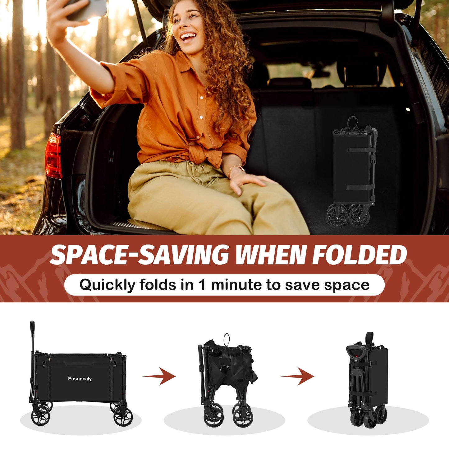 Eusuncaly Collapsible Wagon with Wheels, Wagons Carts Foldable, Heavy Duty Folding Utility Cart for Grocery, Camping, Shopping, Sports, Garden, Fishing, Black