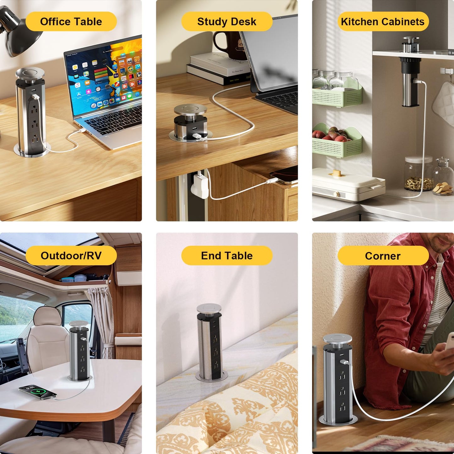 Kungfuking Pop Up Outlet Socket Recessed Retractable Power Strip Charging Station with 3 US Plug and 2 USB Ports for Kitchen Counter Island Conference Office, Black