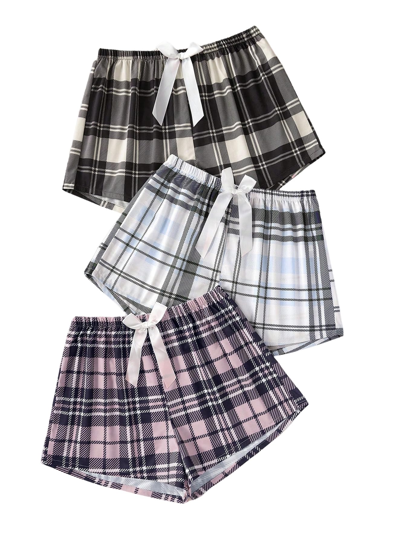 GORGLITTER Women's 3 Piece Plaid Pajama Shorts Elastic Waist Cute Pj Sleep Lounge Shorts Black White Pink Small